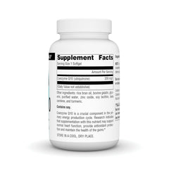 Close-up of CoQ10 label showing 200 mg per softgel and allergen info.