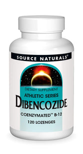 Source Naturals Dibencozide bottle showcases convenient coenzyme B-12 delivery for athletes.