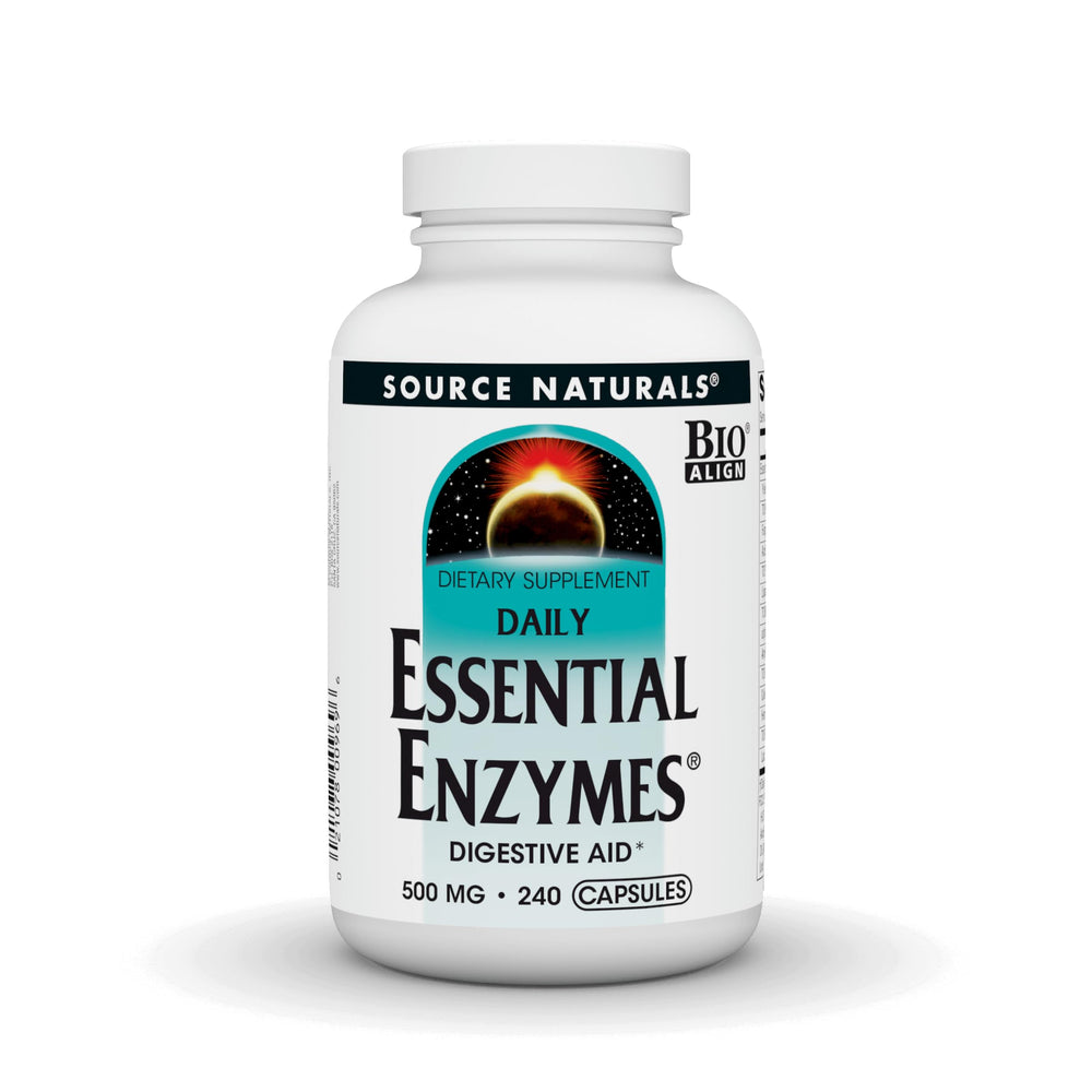 Source Naturals Essential Enzymes bottle close-up showing digestive support potential.