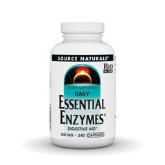 Source Naturals Essential Enzymes bottle close-up showing digestive support potential.