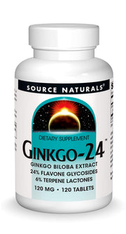 Source Naturals Ginkgo-24 bottle label highlighting standardized extract for cognitive support.