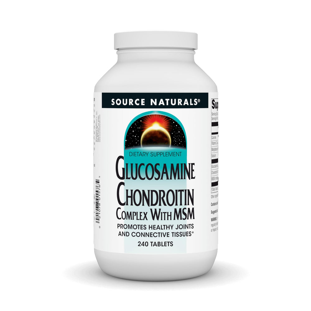 Source Naturals glucosamine chondroitin MSM bottle close-up for joint support.