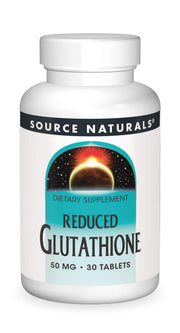 Source Naturals Glutathione bottle label on front, emphasizing liver support and purity.