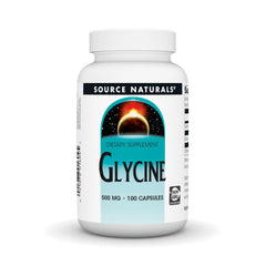 Source Naturals Glycine 500 mg bottle pouring capsules for daily amino acid support.