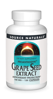 Source Naturals grape seed extract bottle; antioxidant support for daily wellness.