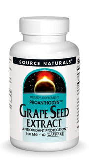 Source Naturals Grape Seed Extract bottle and capsules suggesting circulatory support