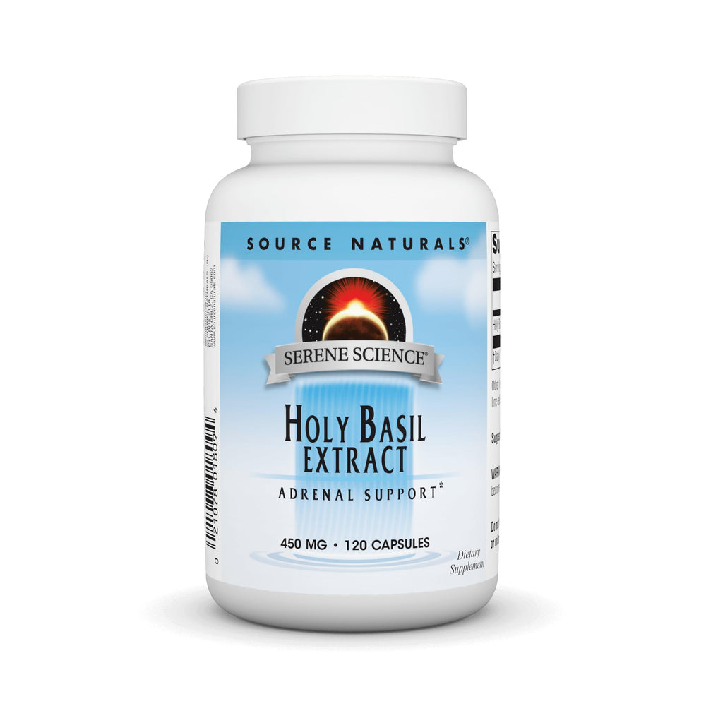 Source Naturals Holy Basil Extract bottle on a clean surface for daily balance.