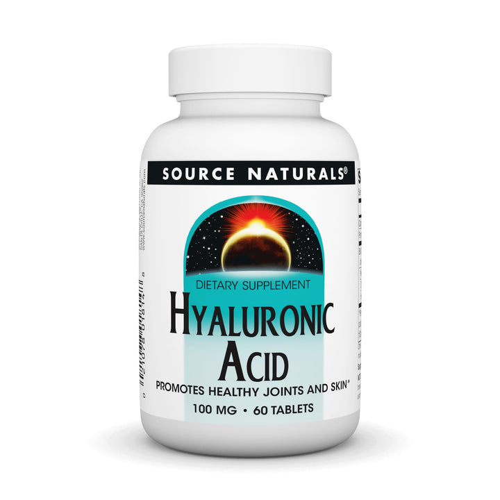 Source Naturals Hyaluronic Acid tablets in bottle front showing daily use potential