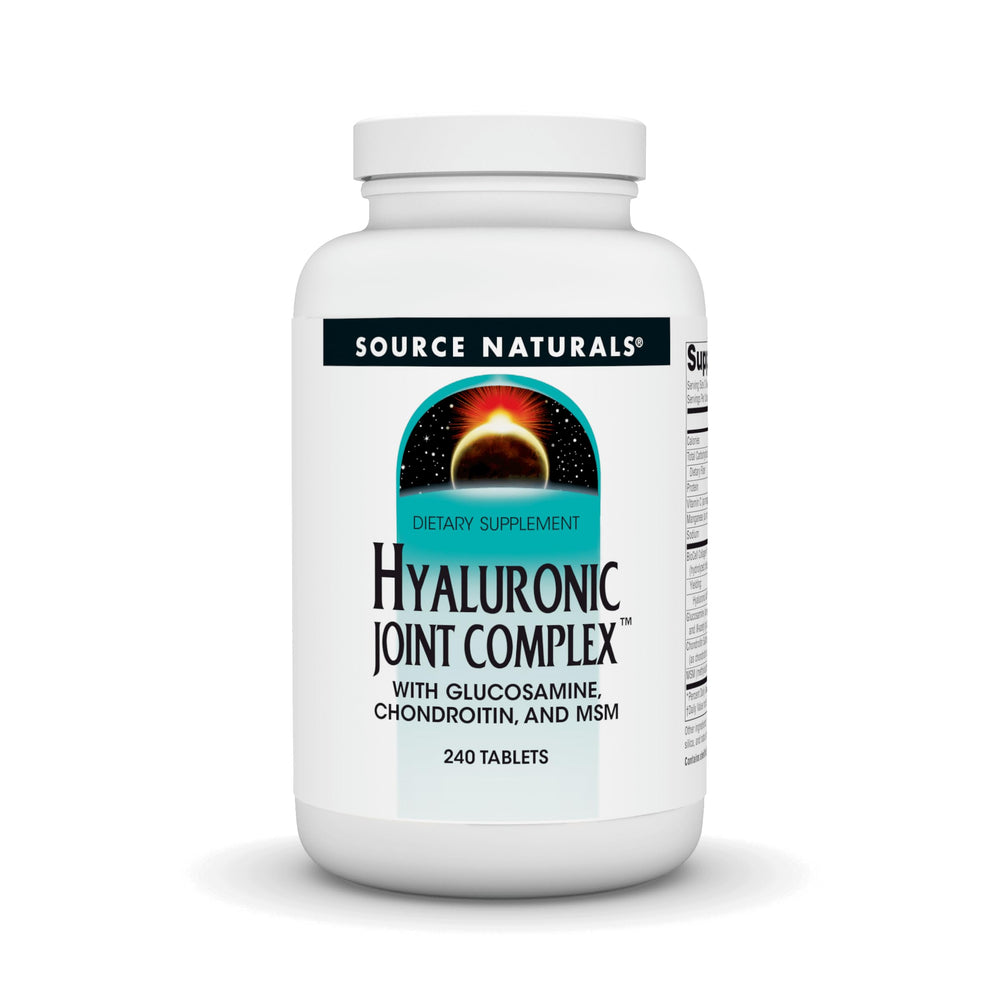 Source Naturals Hyaluronic Joint Complex bottle front; potential joint lubrication support.