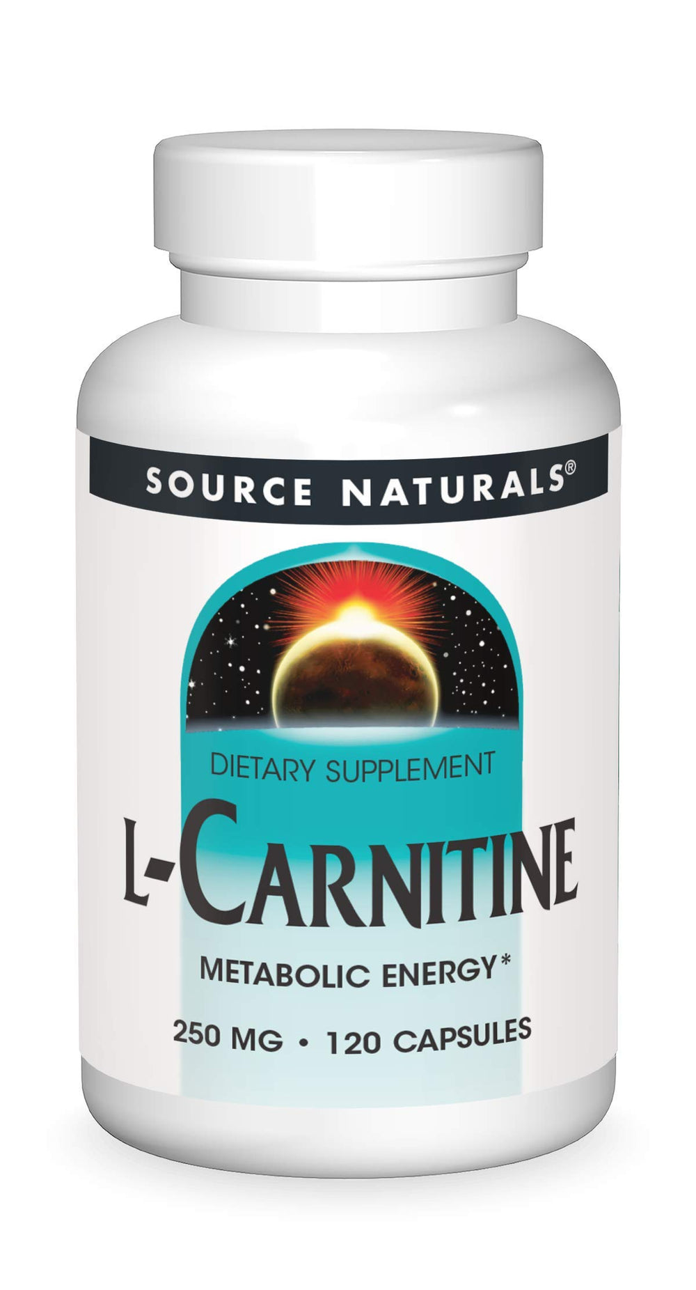 Source Naturals L-Carnitine 250mg bottle front, promoting daily energy.