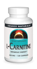Source Naturals L-Carnitine 250mg bottle front, promoting daily energy.