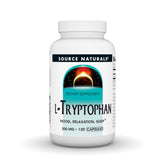 Source Naturals L-Tryptophan bottle label highlighting mood and relaxation potential.