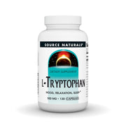 Source Naturals L-Tryptophan bottle label highlighting mood and relaxation potential.