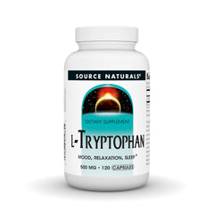 Source Naturals L-Tryptophan bottle label highlighting mood and relaxation potential.