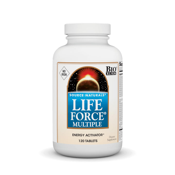 Source Naturals Life Force Iron Free tablets bottle, daily multivitamin for energy support.
