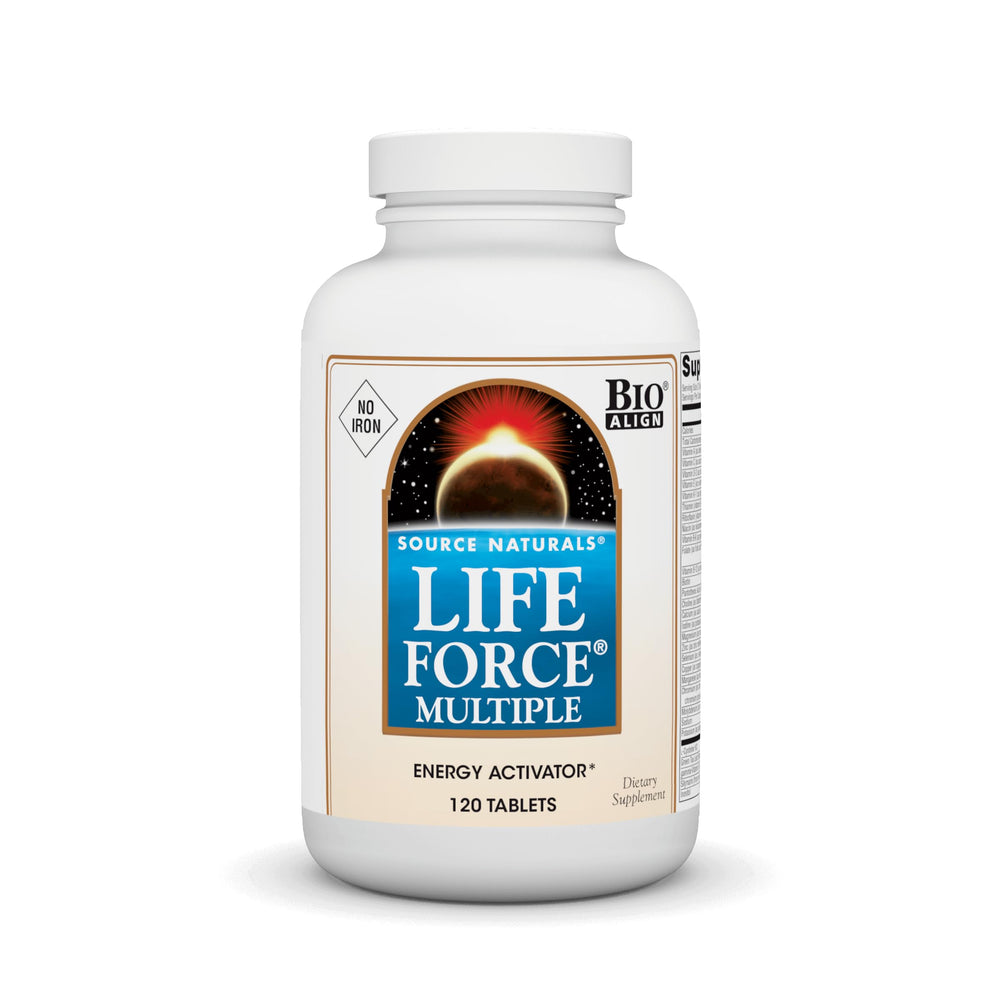 Source Naturals Life Force Iron Free tablets bottle, daily multivitamin for energy support.