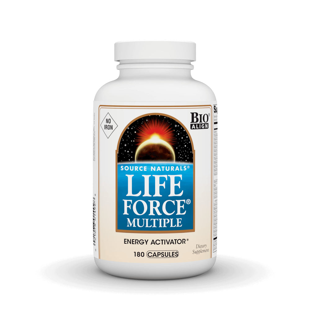 Source Naturals Life Force Multivitamin bottle on a kitchen counter for daily vitality.