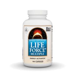 Source Naturals Life Force Multivitamin bottle on a kitchen counter for daily vitality.