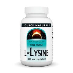 Source Naturals L-Lysine Free Form bottle front view highlighting product name and dosage