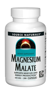 Source Naturals Magnesium Malate 625mg bottle with easy-to-swallow capsules for daily use.