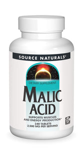 Source Naturals Malic Acid bottle label highlights vegetarian formula for daily energy support
