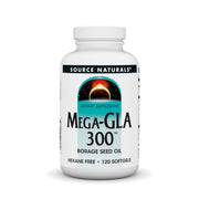 Source Naturals Mega-GLA 300 bottle showing hexane-free borage oil for daily wellness.