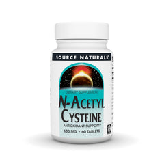 Source Naturals N-Acetyl Cysteine bottle front, highlighting 600 mg dosage for daily support.