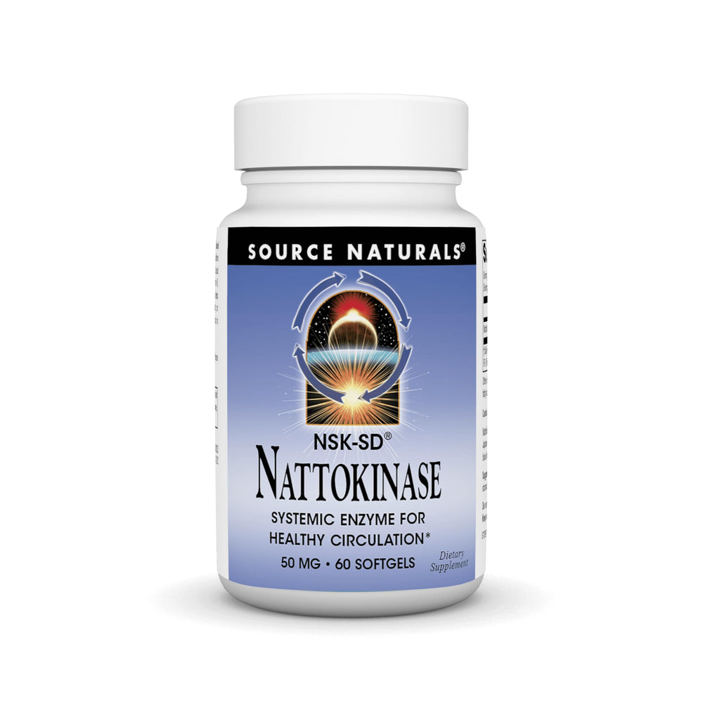Source Naturals NSK-SD nattokinase bottle highlighting circulation-support formula.