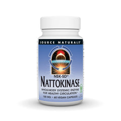 Source Naturals NSK-SD nattokinase bottle showing the systemic enzyme design for circulation support