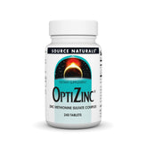 Source Naturals OptiZinc bottle front with tablets; supports daily mineral balance.