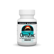 Source Naturals OptiZinc bottle front view showing label and bottle shape for easy dosing