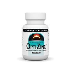 Source Naturals OptiZinc bottle front view showing label and bottle shape for easy dosing