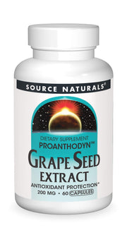 Source Naturals Proanthodyn grape seed extract bottle with capsules for antioxidant support.