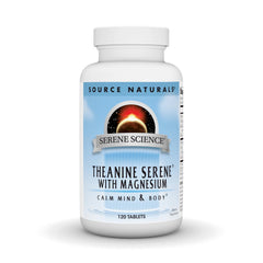 Source Naturals Serene Science L-Theanine tablets in bottle for calm focus.