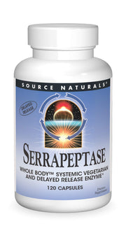 Source Naturals Serrapeptase delayed-release bottle; may support a healthy response.