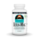 Source Naturals Ultra-Mag capsules closeup showing bioactive magnesium blend for muscle support.