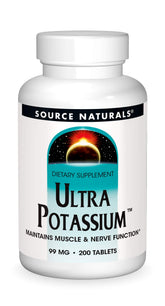 Source Naturals Ultra Potassium bottle on a clean surface supports nerve and muscle function.