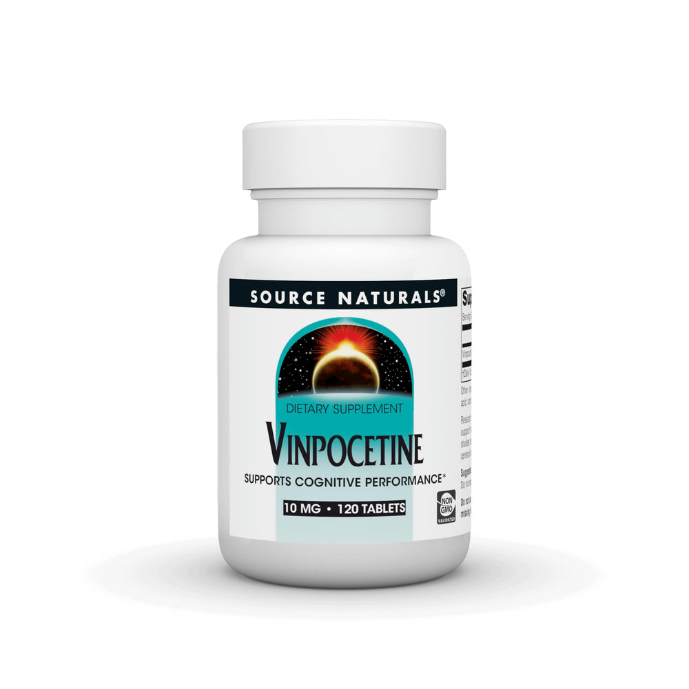Source Naturals Vinpocetine 10 mg tablets bottle supports cognitive performance.