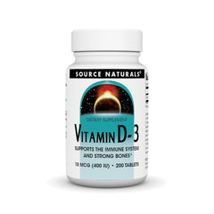Source Naturals Vitamin D-3 bottle front; may support bone health.