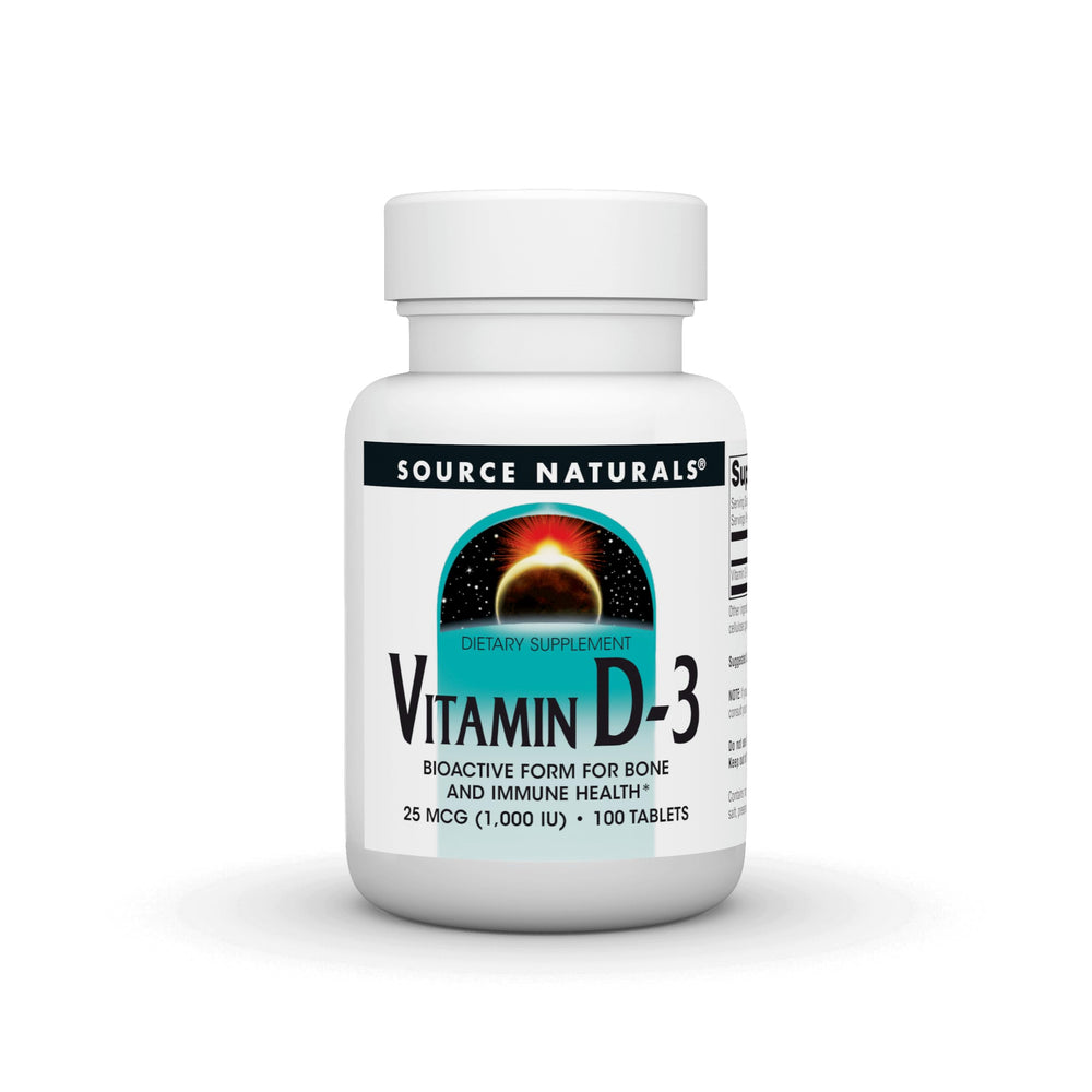 Source Naturals Vitamin D-3 1000 IU bottle shown for daily bone and immune support.