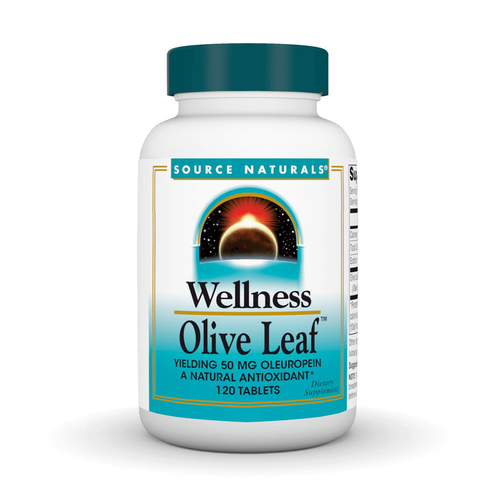 Source Naturals Wellness Olive Leaf bottle front with label signaling natural antioxidant support.