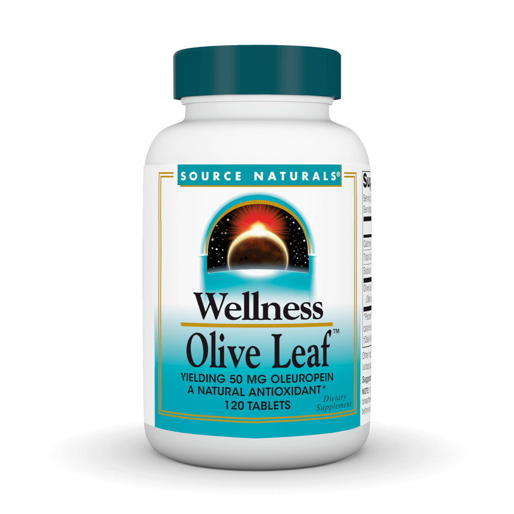Source Naturals Wellness Olive Leaf bottle front with label signaling natural antioxidant support.