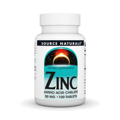 Source Naturals Zinc Amino Acid Chelate bottle for daily dietary supplementation.