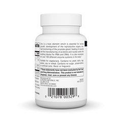 Close-up of Source Naturals zinc amino acid chelate label with product details.