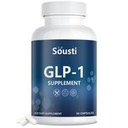 Sousti GLP-1 supplement bottle front view with clear label for daily pre-meal use