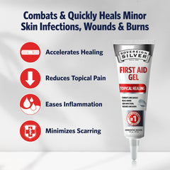 Sovereign Silver First Aid Gel pump-top image emphasizes mess-free application and quick soothing