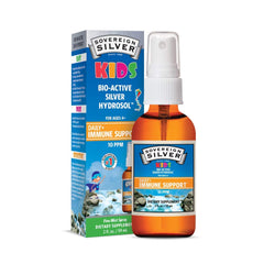 Sovereign Silver Kids immune support bottle for easy daily dosing.