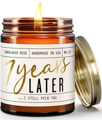 Soy and Sass 7 Year Later candle label glows with cursive gold, hinting at romance.