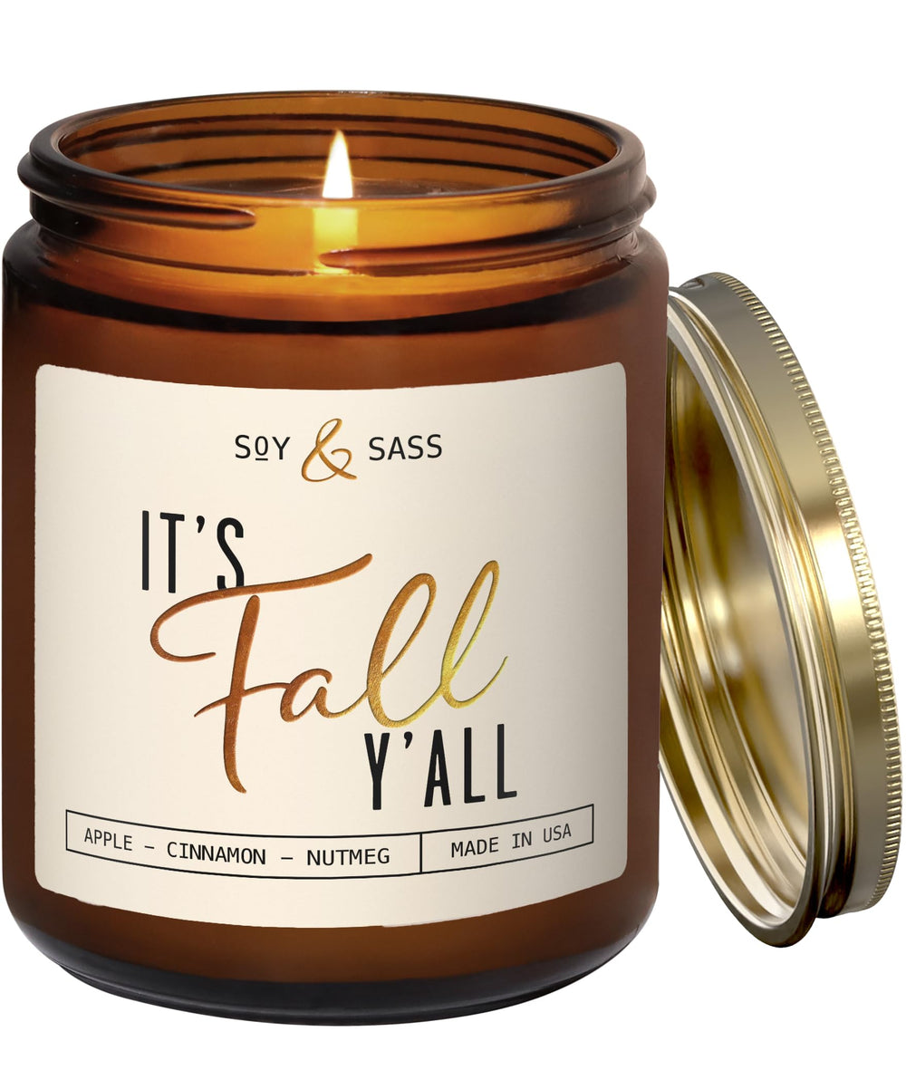 Soy and Sass It's Fall Ya'll candle in amber jar creates warm autumn ambiance