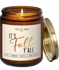 Soy and Sass It's Fall Ya'll candle in amber jar creates warm autumn ambiance